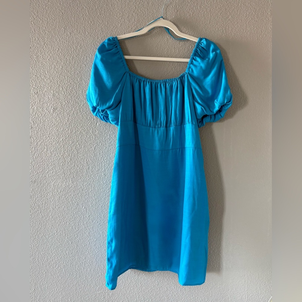 GB Blue Puff Sleeve Square Neck Women’s Short Sleeve Mini Dress, Large - NWT